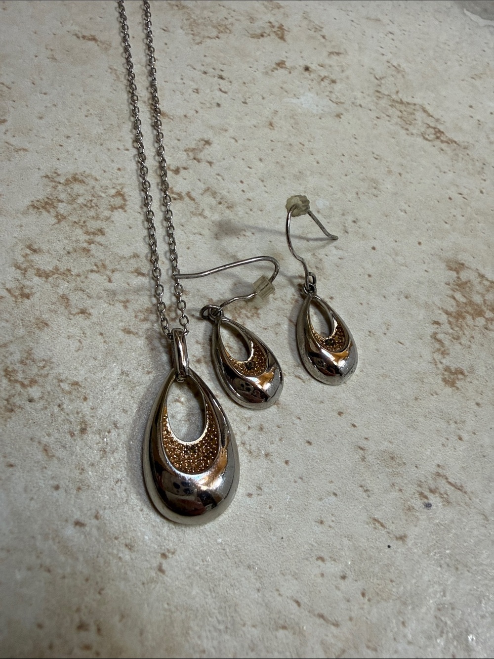 Silver and Gold Teardrop Necklace & Earring Set